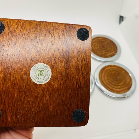 Williams Sonoma Wood and Metal Coasters With Holder. Velvet bottom.Gently Used. - Picture 9 of 9